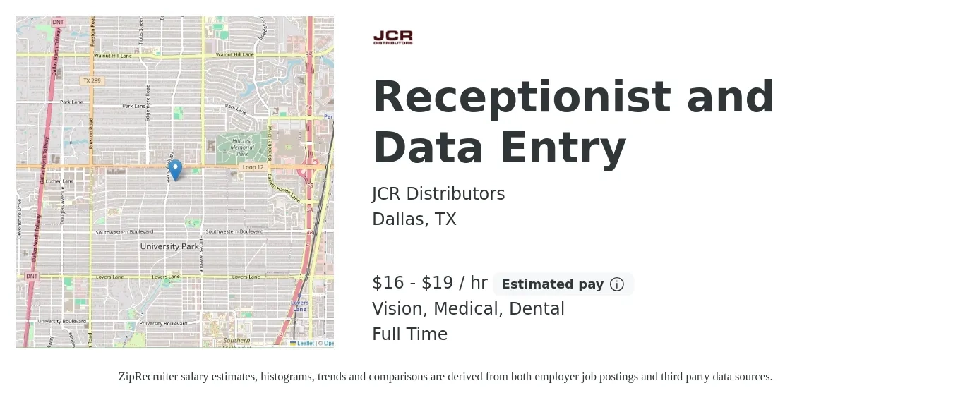 JCR Distributors job posting for a Receptionist and Data Entry in Dallas, TX with a salary of $17 to $20 Hourly and benefits including life_insurance, medical, pto, retirement, vision, and dental with a map of Dallas location.