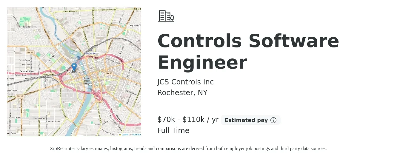 JCS Controls Inc job posting for a Controls Software Engineer in Rochester, NY with a salary of $70,000 to $110,000 Yearly with a map of Rochester location.
