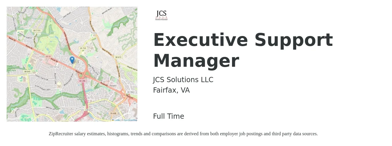 JCS Solutions LLC job posting for a Executive Support Manager in Fairfax, VA with a salary of $74,500 to $131,100 Yearly with a map of Fairfax location.