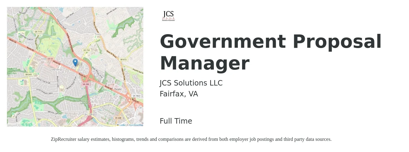 JCS Solutions LLC job posting for a Government Proposal Manager in Fairfax, VA with a salary of $82,100 to $120,400 Yearly with a map of Fairfax location.