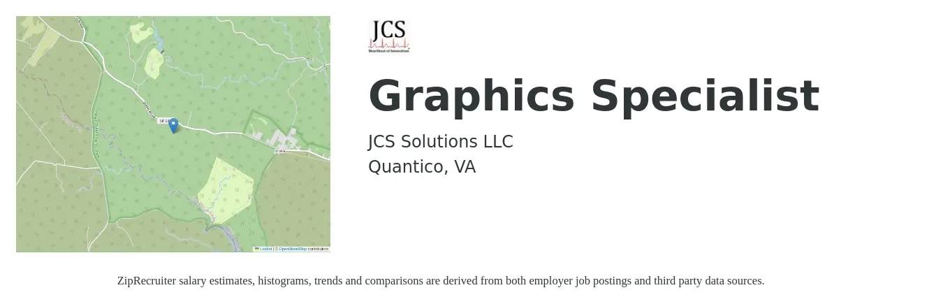 JCS Solutions LLC job posting for a Graphics Specialist in Quantico, VA with a salary of $21 to $36 Hourly with a map of Quantico location.