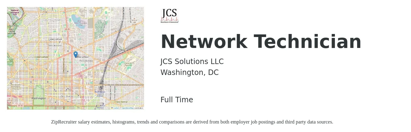 JCS Solutions LLC job posting for a Network Technician in Washington, DC with a salary of $26 to $34 Hourly with a map of Washington location.