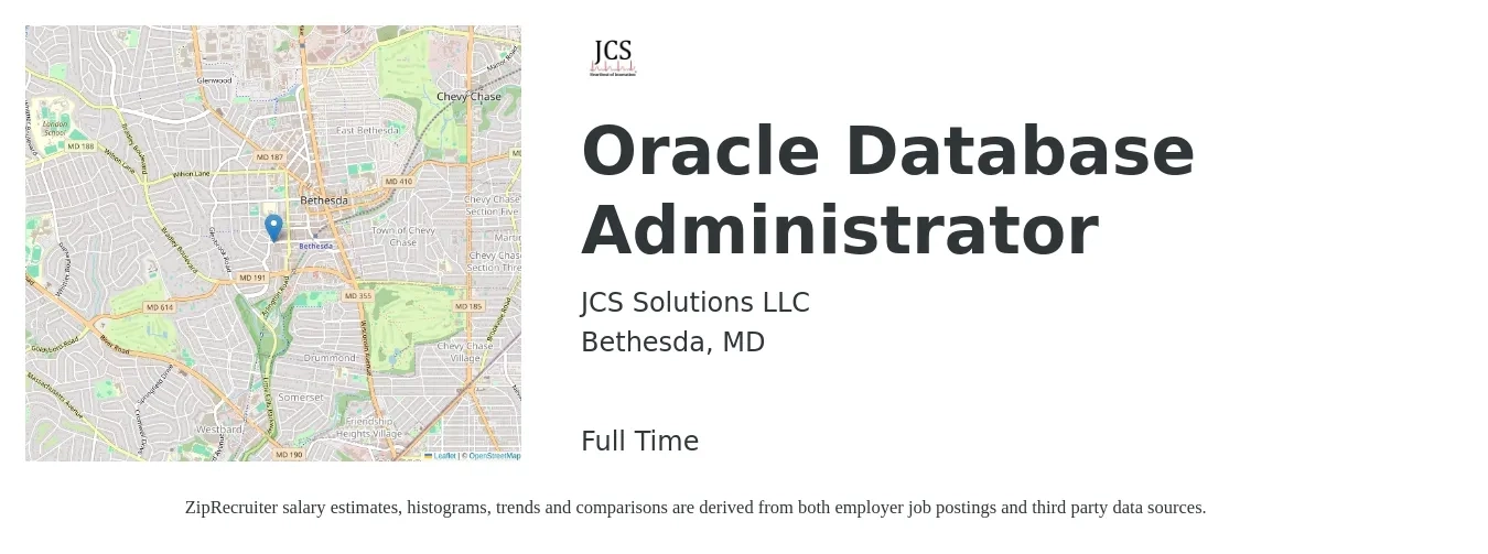 JCS Solutions LLC job posting for a Oracle Database Administrator in Bethesda, MD with a salary of $54 to $74 Hourly with a map of Bethesda location.