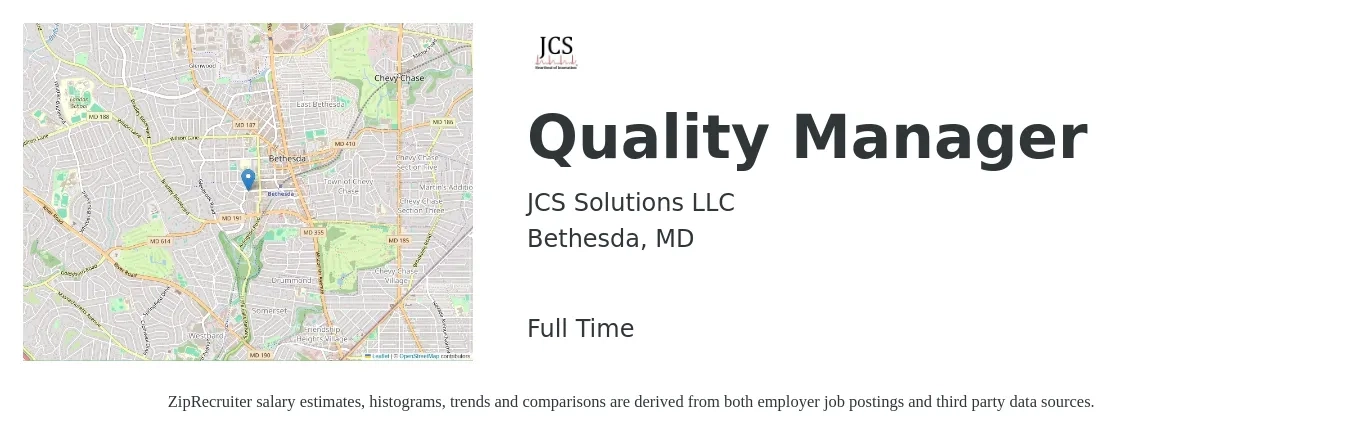 JCS Solutions LLC job posting for a Quality Manager in Bethesda, MD with a salary of $75,600 to $117,900 Yearly with a map of Bethesda location.