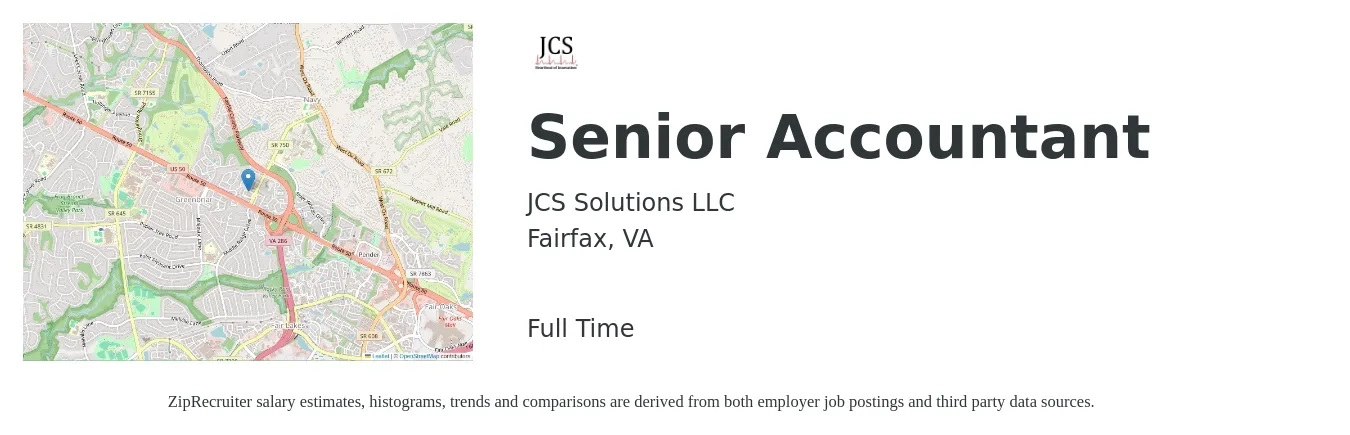 JCS Solutions LLC job posting for a Senior Accountant in Fairfax, VA with a salary of $75,500 to $94,900 Yearly with a map of Fairfax location.