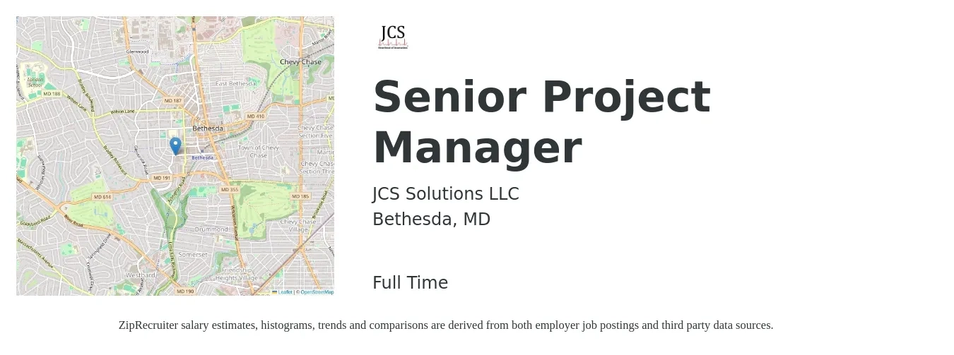 JCS Solutions LLC job posting for a Senior Project Manager in Bethesda, MD with a salary of $110,900 to $156,500 Yearly with a map of Bethesda location.