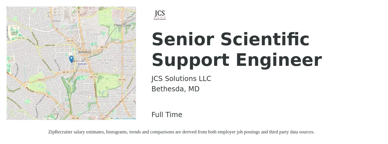 JCS Solutions LLC job posting for a Senior Scientific Support Engineer in Bethesda, MD with a salary of $87,200 to $133,200 Yearly with a map of Bethesda location.