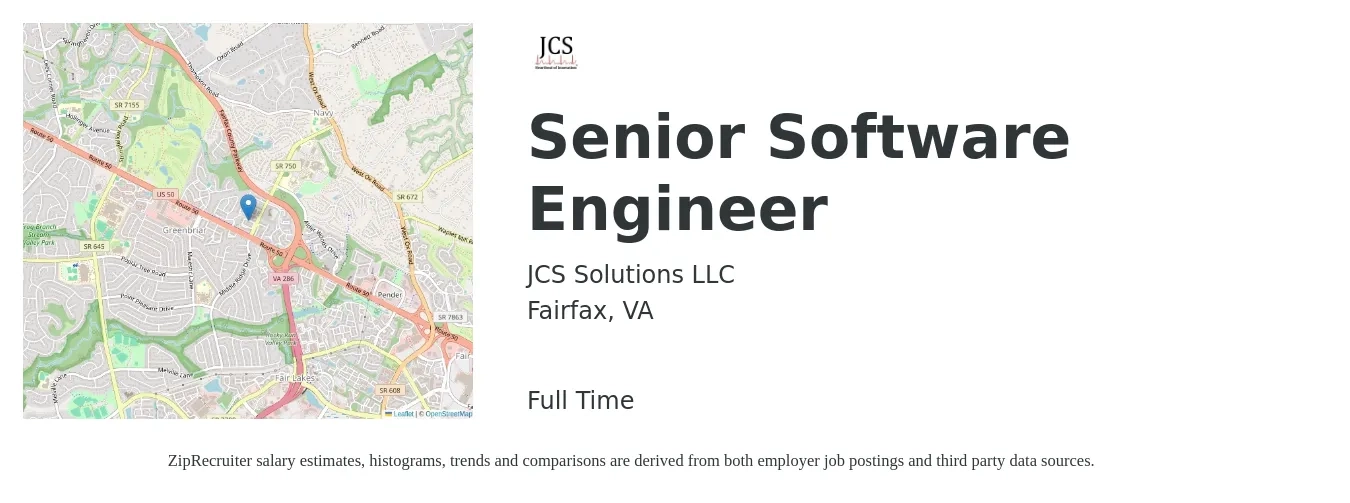 JCS Solutions LLC job posting for a Senior Software Engineer in Fairfax, VA with a salary of $125,000 to $164,700 Yearly with a map of Fairfax location.