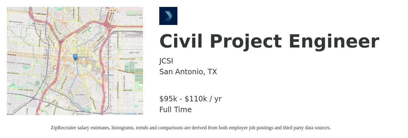 JCSI job posting for a Civil Project Engineer in San Antonio, TX with a salary of $95,000 to $110,000 Yearly with a map of San Antonio location.
