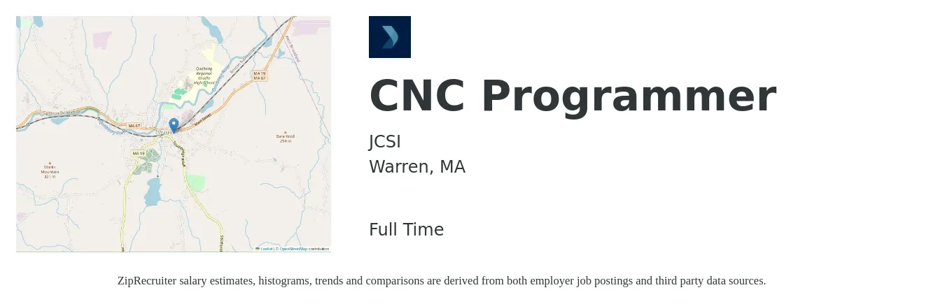 JCSI job posting for a CNC Programmer in Warren, MA with a salary of $28 to $38 Hourly with a map of Warren location.