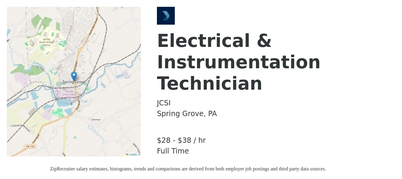 JCSI job posting for a Electrical & Instrumentation Technician in Spring Grove, PA with a salary of $30 to $40 Hourly with a map of Spring Grove location.
