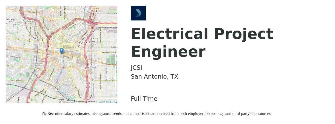 JCSI job posting for a Electrical Project Engineer in San Antonio, TX with a salary of $79,400 to $108,200 Yearly with a map of San Antonio location.