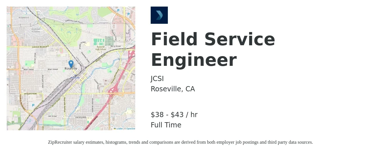 JCSI job posting for a Field Service Engineer in Roseville, CA with a salary of $40 to $45 Hourly with a map of Roseville location.