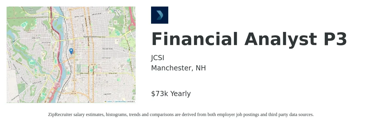 JCSI job posting for a Financial Analyst P3 in Manchester, NH with a salary of $73,000 Yearly with a map of Manchester location.