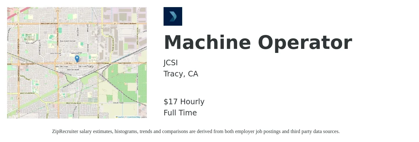 JCSI job posting for a Machine Operator in Tracy, CA with a salary of $18 Hourly with a map of Tracy location.