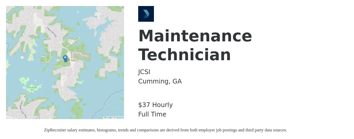 JCSI job posting for a Maintenance Technician in Cumming, GA with a salary of $39 Hourly with a map of Cumming location.