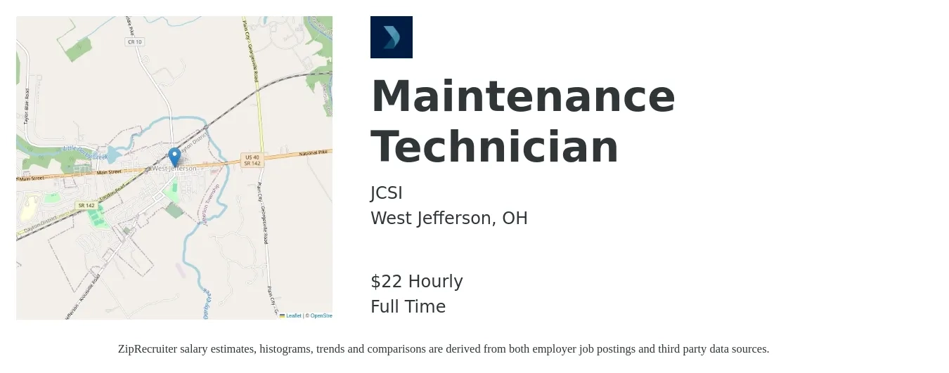 JCSI job posting for a Maintenance Technician in West Jefferson, OH with a salary of $23 Hourly with a map of West Jefferson location.