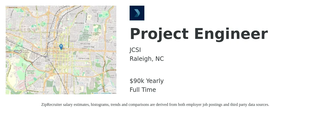 JCSI job posting for a Project Engineer in Raleigh, NC with a salary of $90,000 Yearly with a map of Raleigh location.