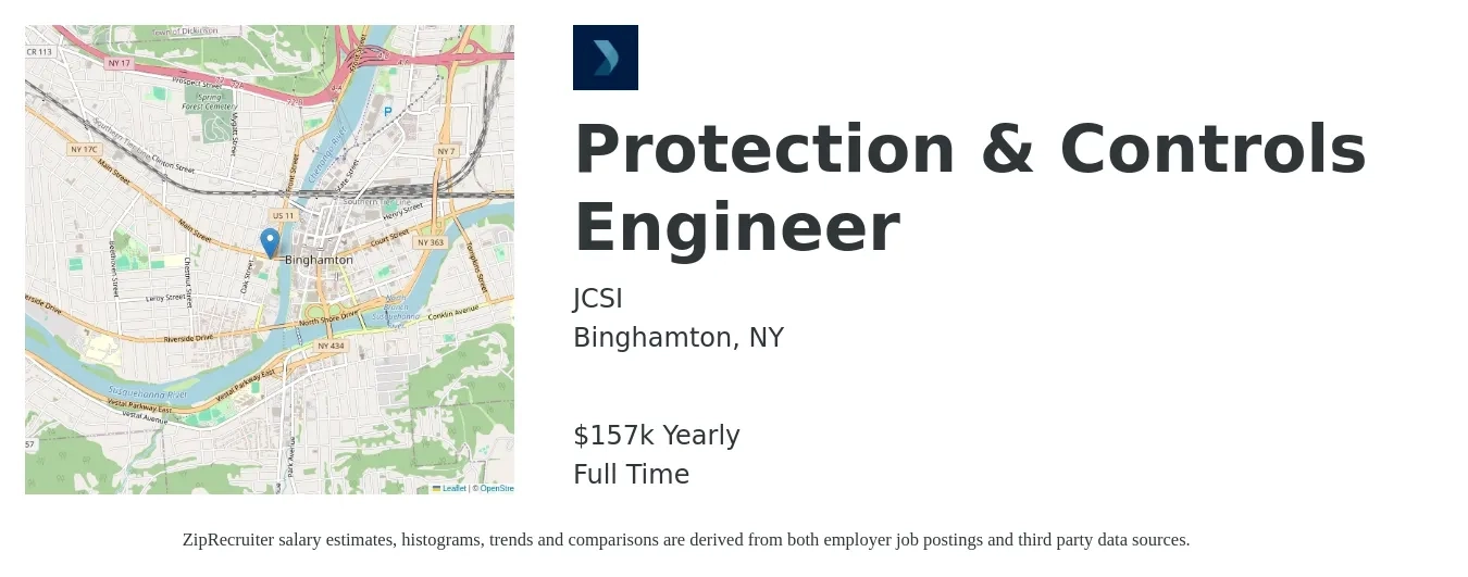 JCSI job posting for a Protection & Controls Engineer in Binghamton, NY with a salary of $157,000 Yearly with a map of Binghamton location.