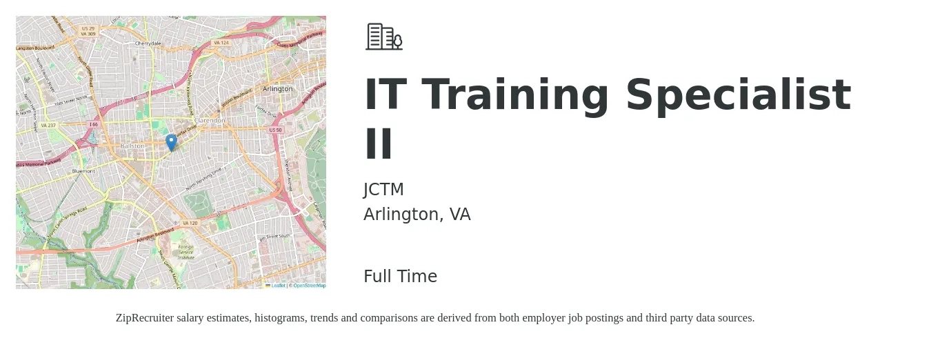 JCTM job posting for a IT Training Specialist II in Arlington, VA with a salary of $53,100 to $79,400 Yearly with a map of Arlington location.