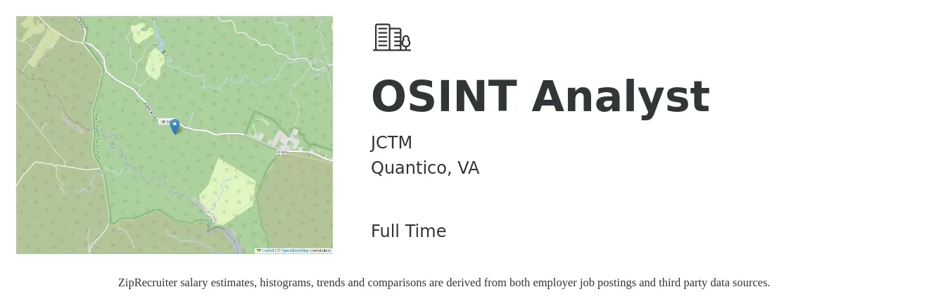 JCTM job posting for a OSINT Analyst in Quantico, VA with a salary of $56,600 to $93,800 Yearly with a map of Quantico location.