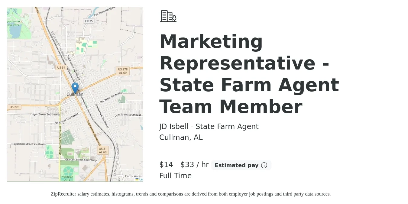 JD Isbell - State Farm Agent job posting for a Marketing Representative - State Farm Agent Team Member in Cullman, AL with a salary of $15 to $35 Hourly with a map of Cullman location.