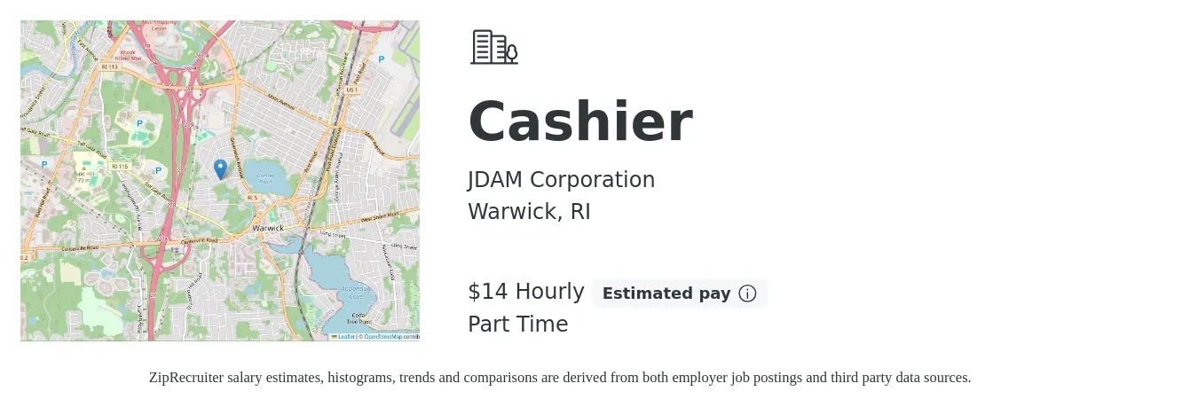 JDAM Corporation job posting for a Cashier in Warwick, RI with a salary of $15 Hourly with a map of Warwick location.