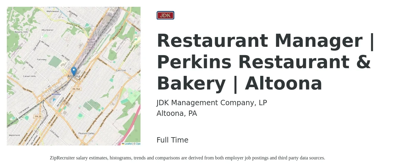 JDK Management Company, LP job posting for a Restaurant Manager | Perkins Restaurant & Bakery | Altoona in Altoona, PA with a salary of $44,300 to $62,500 Yearly with a map of Altoona location.