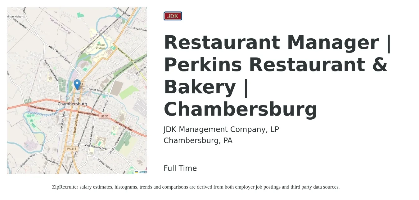 JDK Management Company, LP job posting for a Restaurant Manager | Perkins Restaurant & Bakery | Chambersburg in Chambersburg, PA with a salary of $44,800 to $63,200 Yearly with a map of Chambersburg location.