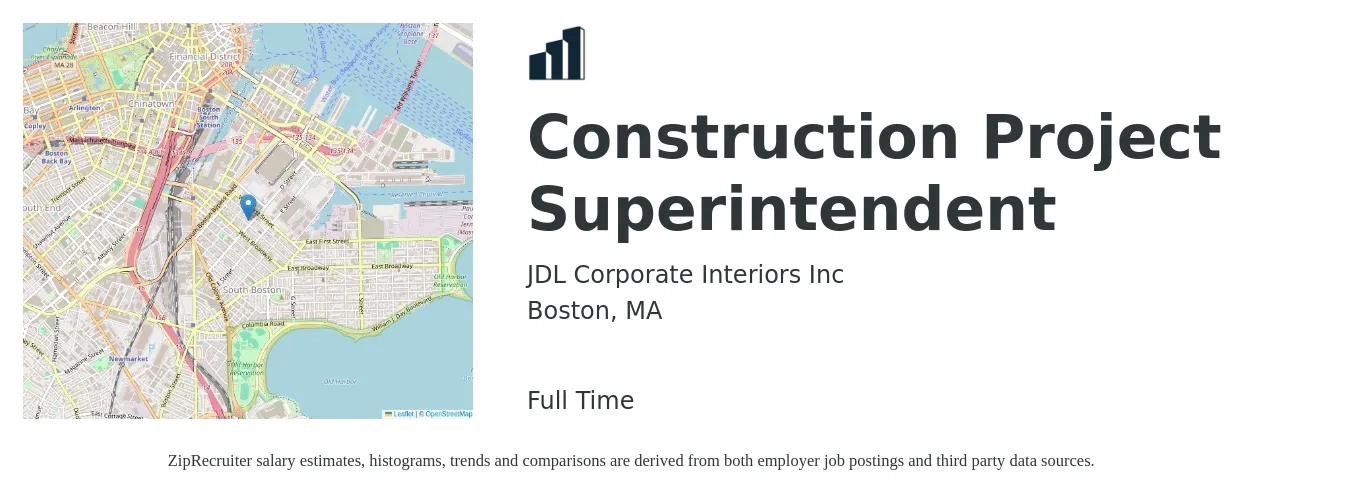 JDL Corporate Interiors Inc job posting for a Construction Project Superintendent in Boston, MA with a salary of $80,700 to $113,700 Yearly with a map of Boston location.