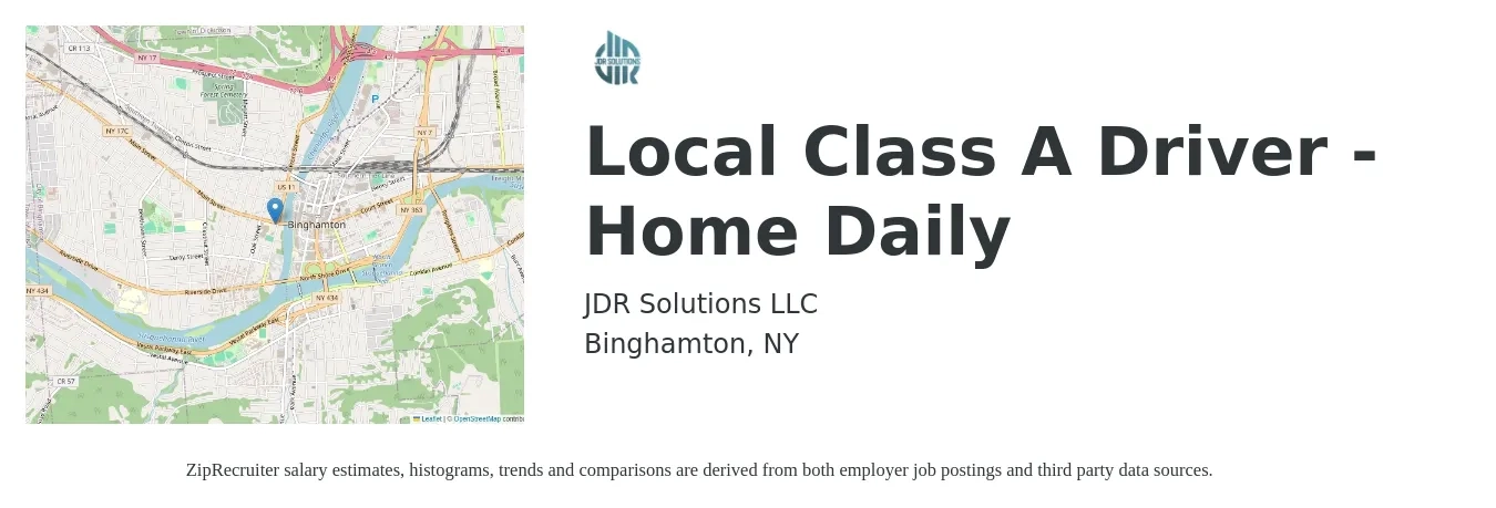 JDR Solutions, LLC job posting for a Local Class A Driver - Home Daily in Binghamton, NY with a salary of $1,600 Weekly with a map of Binghamton location.