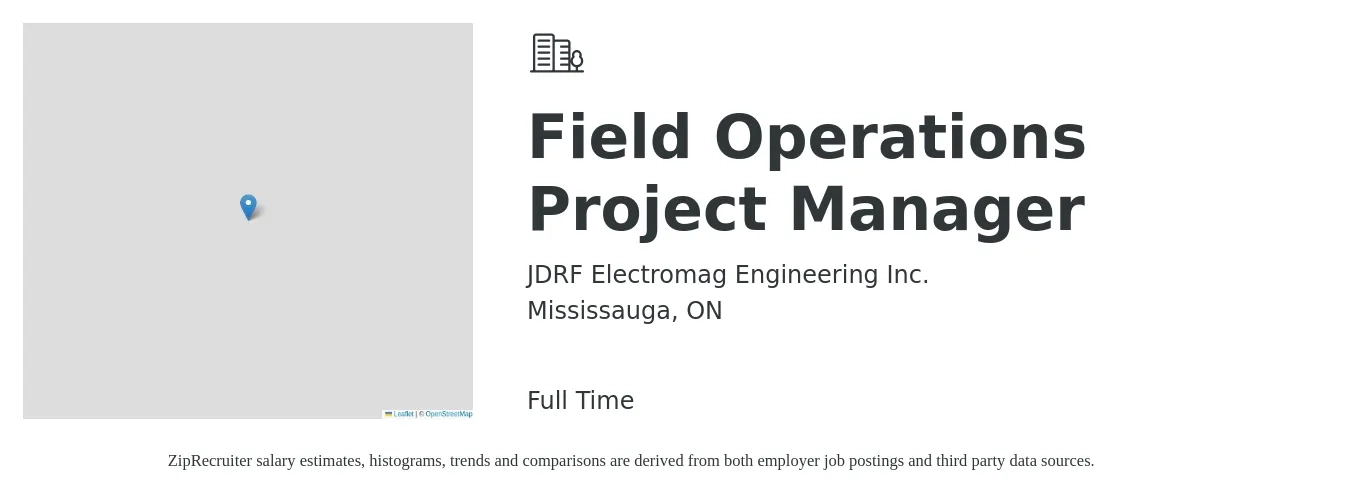 JDRF Electromag Engineering Inc. job posting for a Field Operations Project Manager in Mississauga, ON with a map of Mississauga location.