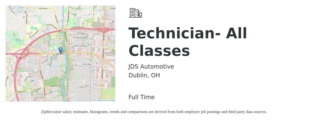JDS Automotive job posting for a Technician- All Classes in Dublin, OH with a salary of $40,500 to $60,700 Yearly with a map of Dublin location.