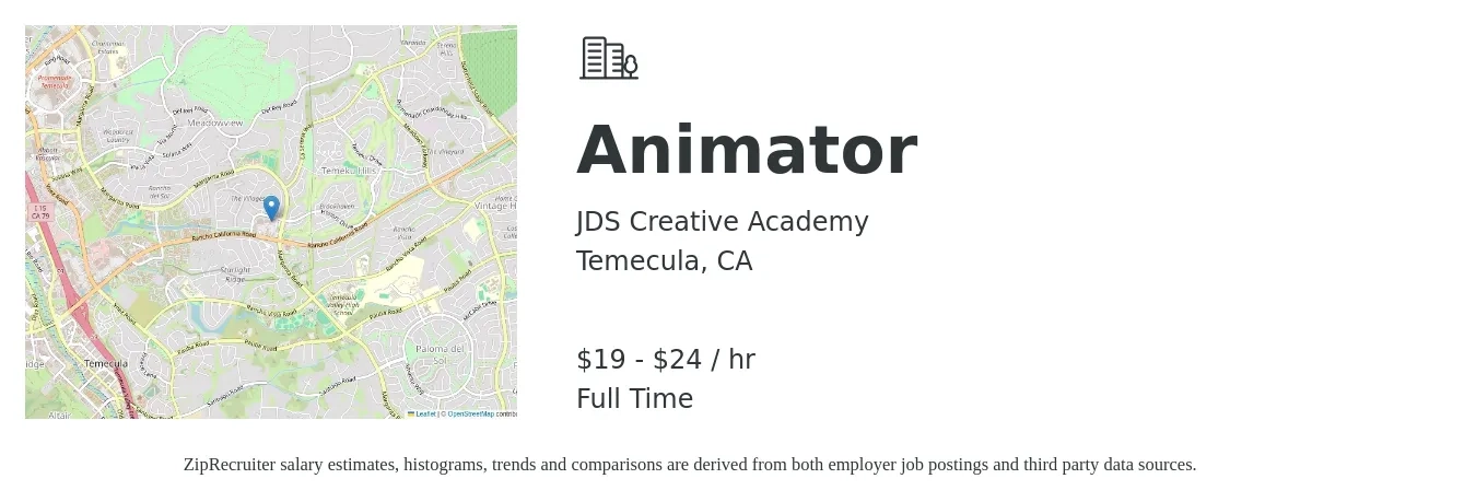 JDS Creative Academy job posting for a Animator in Temecula, CA with a salary of $20 to $25 Hourly with a map of Temecula location.