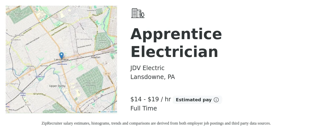 JDV Electric job posting for a Apprentice Electrician in Lansdowne, PA with a salary of $15 to $20 Hourly with a map of Lansdowne location.