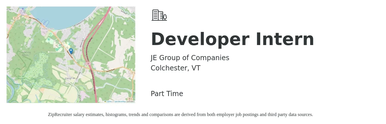 JE Group of Companies job posting for a Developer Intern in Colchester, VT with a salary of $20 to $30 Hourly with a map of Colchester location.