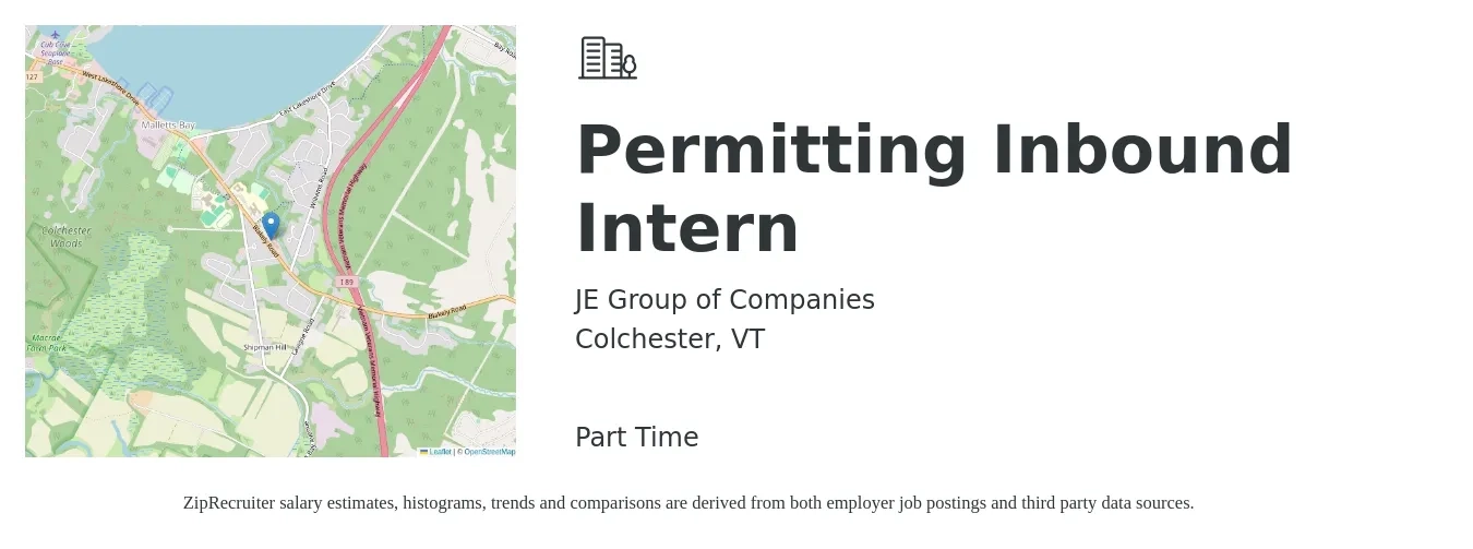JE Group of Companies job posting for a Permitting Inbound Intern in Colchester, VT with a salary of $33,000 to $39,200 Yearly with a map of Colchester location.