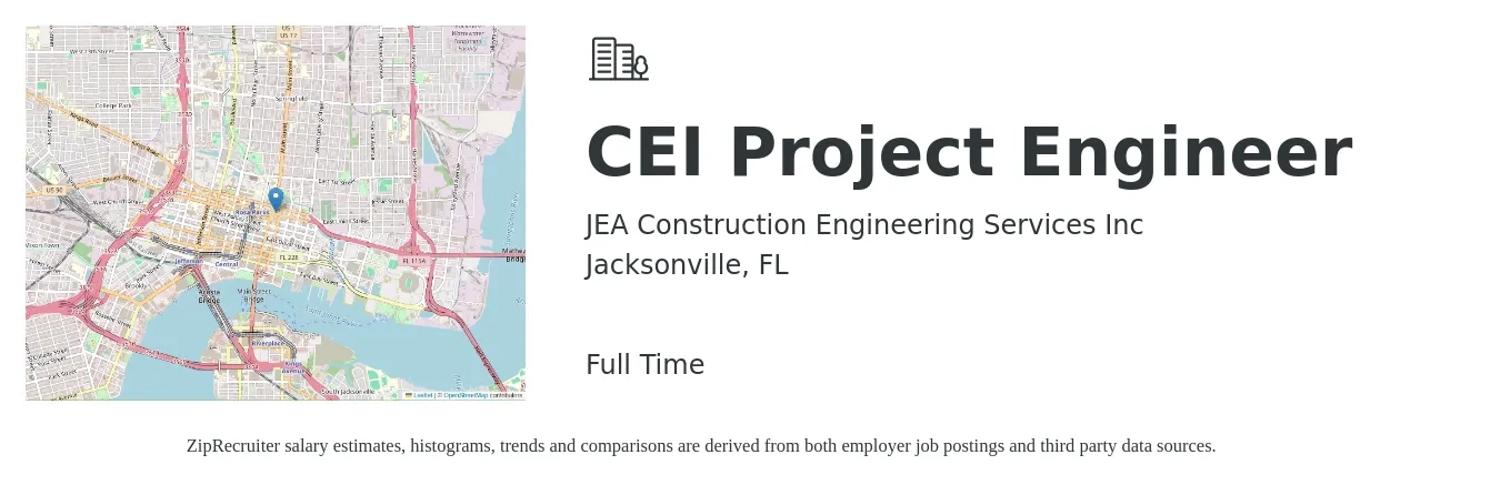 JEA Construction Engineering Services Inc job posting for a CEI Project Engineer in Jacksonville, FL with a salary of $76,400 to $102,100 Yearly with a map of Jacksonville location.