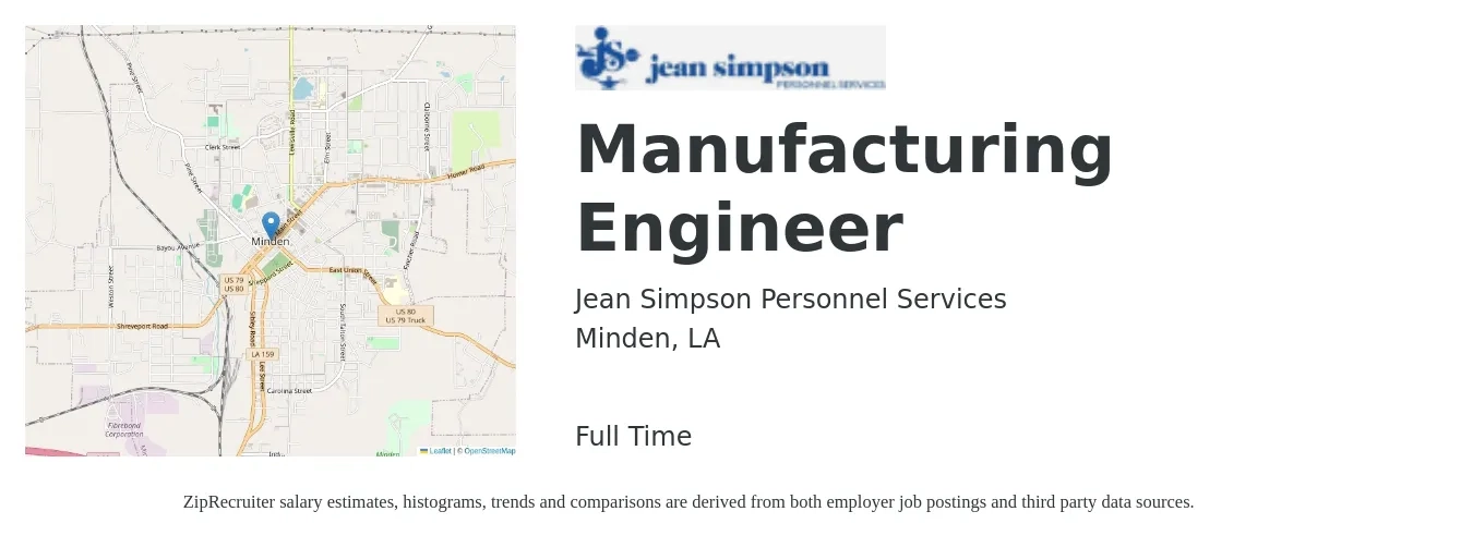 Jean Simpson Personnel Services job posting for a Manufacturing Engineer in Minden, LA with a salary of $63,000 to $90,000 Yearly with a map of Minden location.