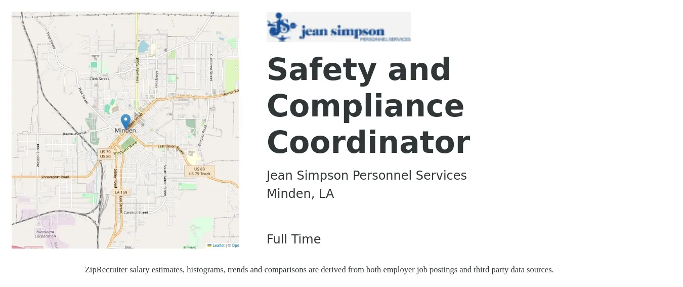Jean Simpson Personnel Services job posting for a Safety and Compliance Coordinator in Minden, LA with a salary of $50,000 to $65,000 Yearly with a map of Minden location.