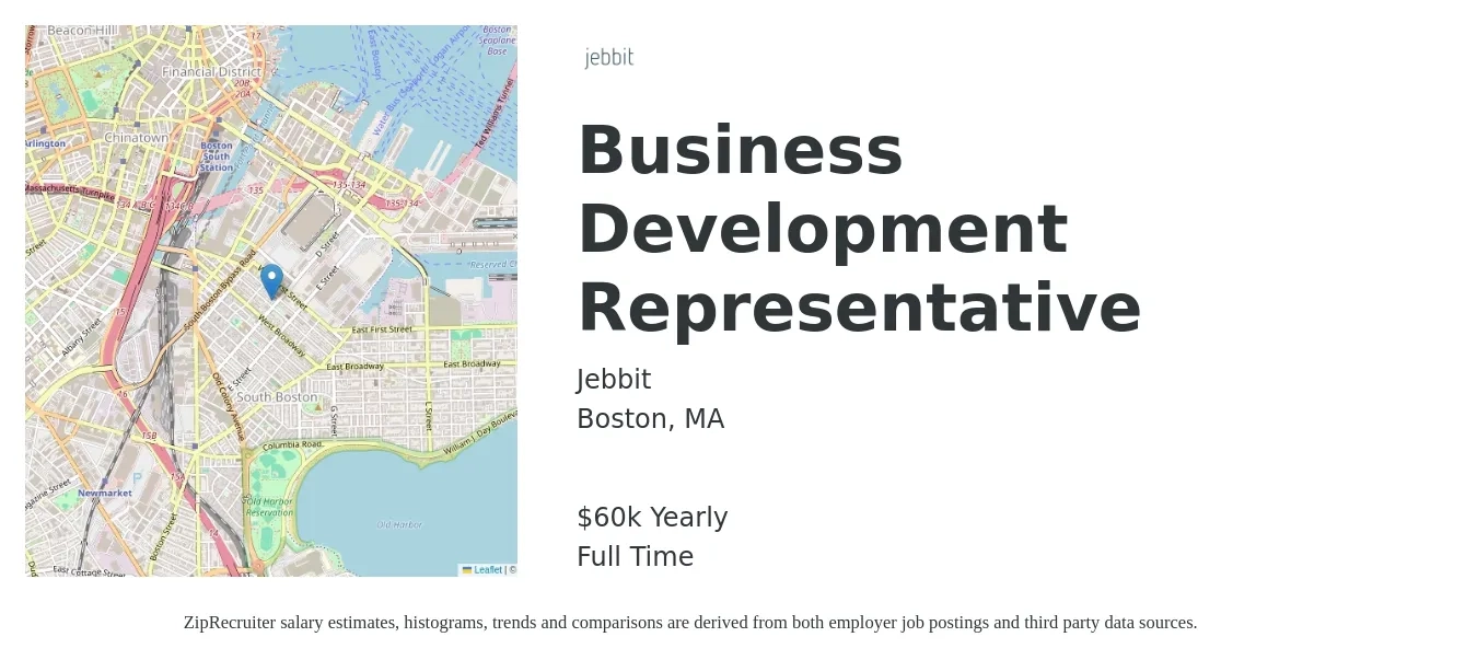 Jebbit job posting for a Business Development Representative in Boston, MA with a salary of $60,000 Yearly with a map of Boston location.