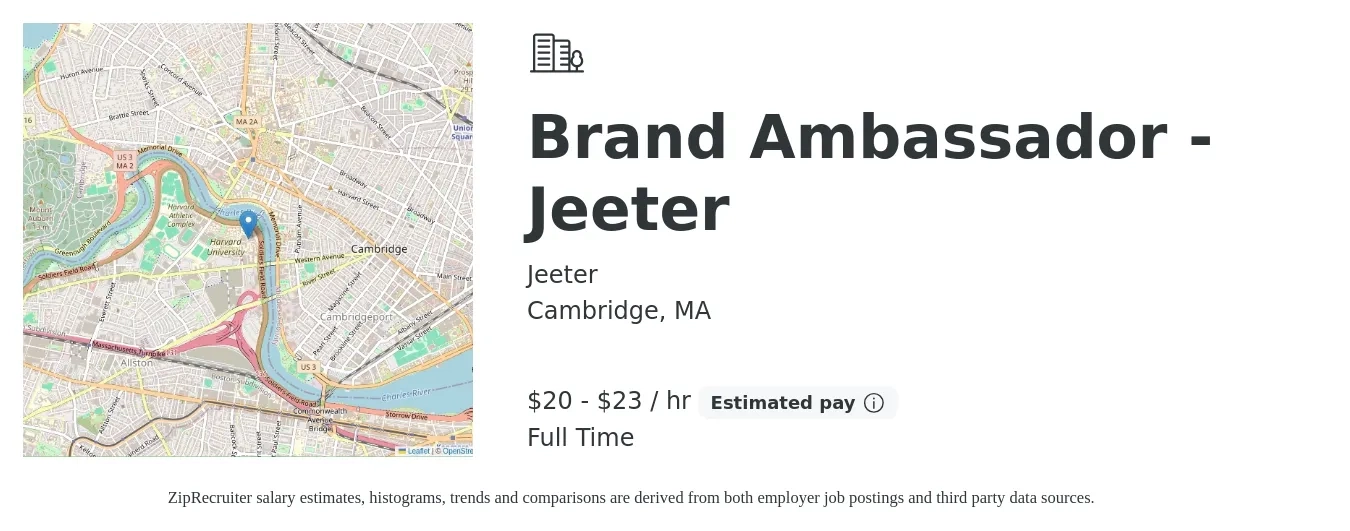 Jeeter job posting for a Brand Ambassador - Jeeter in Cambridge, MA with a salary of $21 to $24 Hourly with a map of Cambridge location.