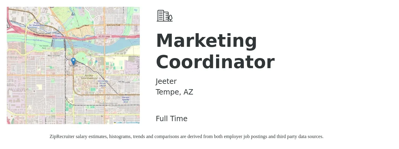 Jeeter job posting for a Marketing Coordinator in Tempe, AZ with a salary of $45,000 to $50,000 Yearly with a map of Tempe location.