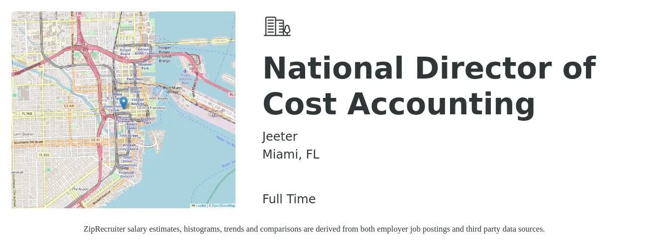 Jeeter job posting for a National Director of Cost Accounting in Miami, FL with a salary of $100,400 to $153,000 Yearly with a map of Miami location.