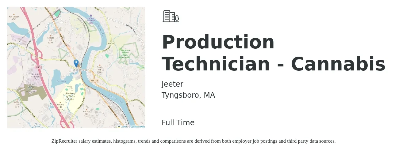 Jeeter job posting for a Production Technician - Cannabis in Tyngsboro, MA with a salary of $17 to $21 Hourly with a map of Tyngsboro location.