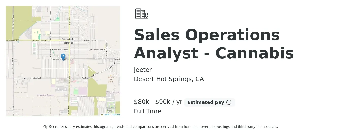 Jeeter job posting for a Sales Operations Analyst - Cannabis in Desert Hot Springs, CA with a salary of $85,000 to $90,000 Yearly with a map of Desert Hot Springs location.