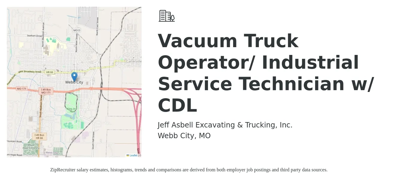 Jeff Asbell Excavating & Trucking, Inc. job posting for a Vacuum Truck Operator/ Industrial Service Technician w/ CDL in Webb City, MO with a map of Webb City location.