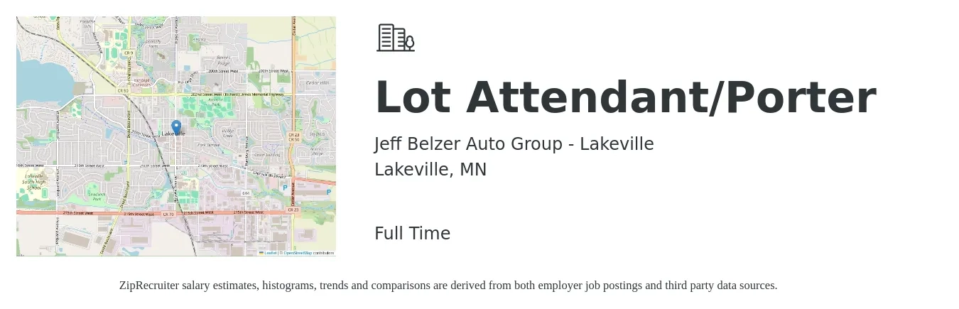 Jeff Belzer Auto Group - Lakeville job posting for a Lot Attendant/Porter in Lakeville, MN with a salary of $16 to $18 Hourly with a map of Lakeville location.