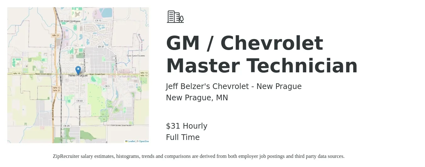 Jeff Belzer's Chevrolet - New Prague job posting for a GM / Chevrolet Master Technician in New Prague, MN with a salary of $33 Hourly with a map of New Prague location.