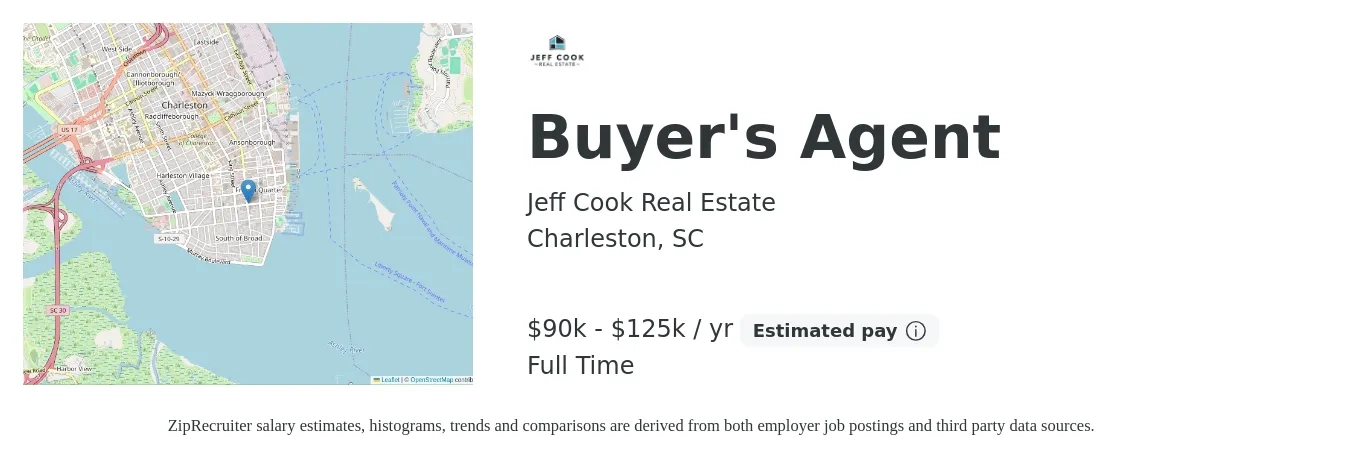 Jeff Cook Real Estate job posting for a Buyer'S Agent in Charleston, SC with a salary of $90,000 to $125,000 Yearly with a map of Charleston location.